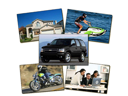 A house, a jetski, an SUV, a motorcycle, and 3 people at a laptop